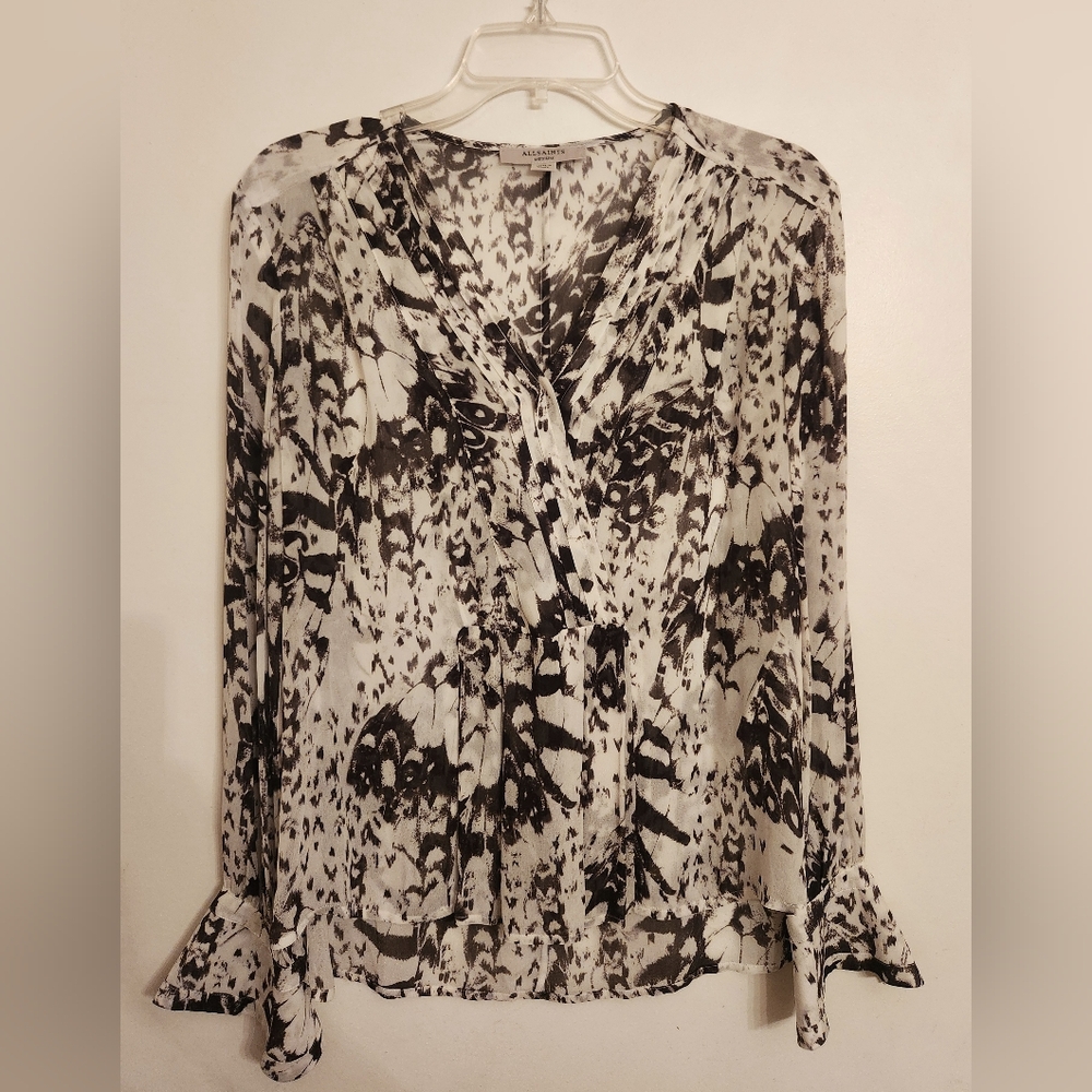 All Saints Black & White Sheril Wing Top, Size M